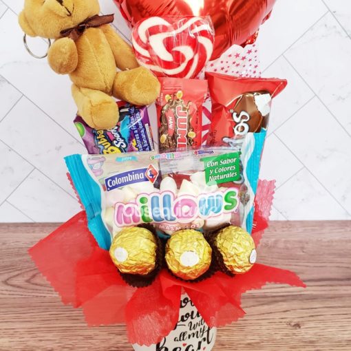 Canasta de regalo de San Valentín con Regalo Love Aniversario, chocolates y globos.