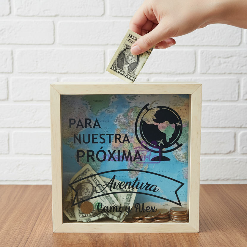 Una mano coloca un billete de un dólar en la caja de sombras Regalo Alcancia Aventuras con monedas y un mapamundi, con las etiquetas "Para nuestra próxima aventura" y "Cami y Alex". Ideal para guardar recuerdos de viajes juntos.