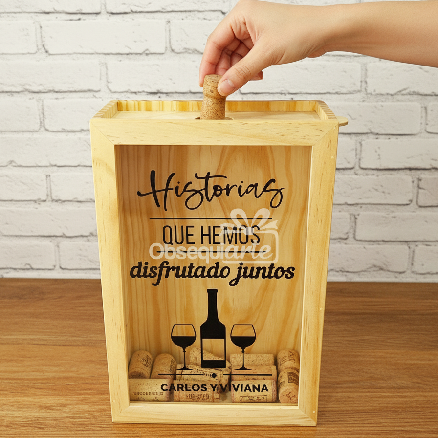 Una mano coloca un corcho de vino en la caja de madera Regalo Guarda Corchos, etiquetada "Historias que hemos disfrutado juntos" y decorada con gráficos de vino y corchos recogidos en la parte inferior.