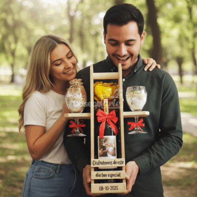 Una pareja sonriente sujeta al aire libre un Regalo 