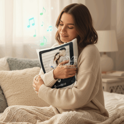 Una mujer sentada en una cama, abrazada a un cojín Regalo Almohada Musical con una pareja y notas musicales, parece contenta y relajada.