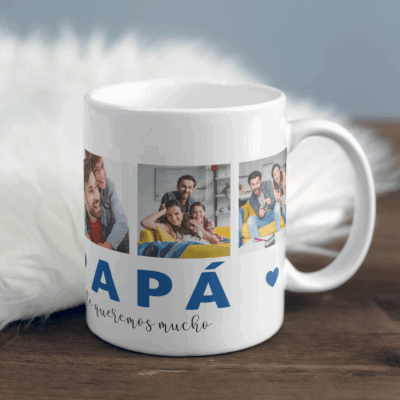Regalo Taza Super Papá (copia): Taza blanca con varias fotos familiares impresas y la frase 