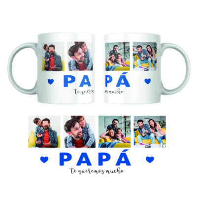 Regala la Taza Te Quiero Papá con Fotos: incluye dos tazas blancas personalizadas con cuatro fotos familiares, la palabra 